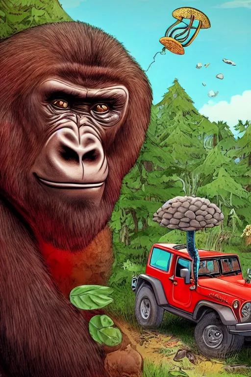 Image similar to gorilla driving a jeep holding a amanita muscaria, sunshine, by alba ballesta gonzalez and moebius. 4 k wallpaper, digital flat 2 d, japan animation, comic book, illustration, cinematic lighting, smooth sharp focus.