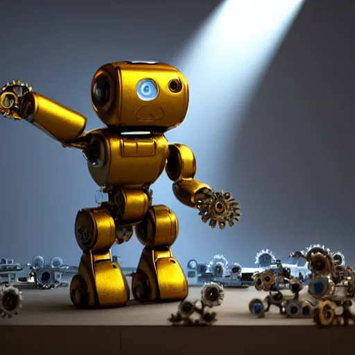 Prompt: cute little robot looking at a large wall, the wall is filled with gears and mechanical parts, nice golden light is shining down upon the cute little robot, 3d render, volumetric lighting, matt dixon style,