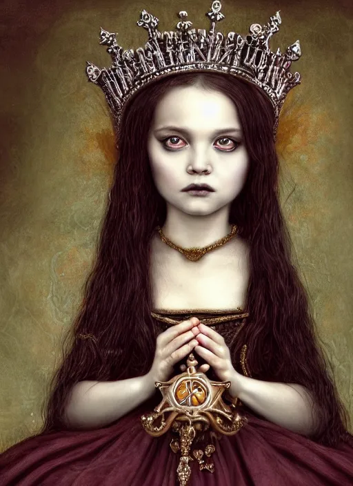 Prompt: highly detailed closeup portrait of a goth medieval princess wearing a crown and sitting on a throne, nicoletta ceccoli, mark ryden, lostfish, global illumination, god rays, detailed and intricate environment