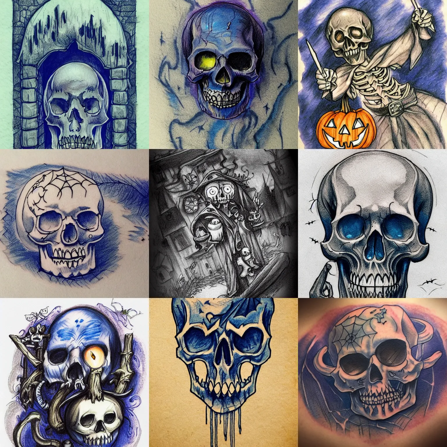 Prompt: halloween tattoo sketch on paper with blue pencil by anton pieck, cartoon skull in graveyard at midnight, intricate, extremely detailed, digital painting, artstation, concept art, smooth, sharp focus, illustration, intimidating lighting, incredible art,
