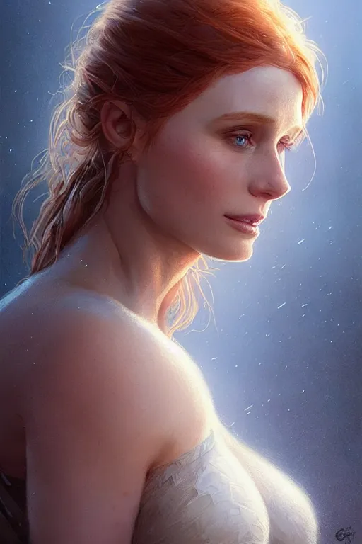 Prompt: natural and radiant Bryce Dallas Howard by Artgerm and Greg Rutkowski, intricate, fertile, highly detailed, digital painting, artstation, concept art, smooth, sharp focus, illustration