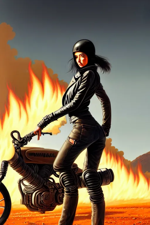 Prompt: a ultradetailed beautiful panting of post apocalyptic woman with motorbike in leather jacket with helmet in front of burning desert, anatomically correct, pretty face, high detailed face, by ilya kuvshinov, greg rutkowski and makoto shinkai, trending on artstation