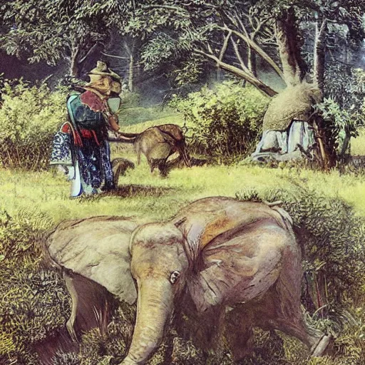 Image similar to Portrait of an elephant on a green meadow, style Franklin Booth