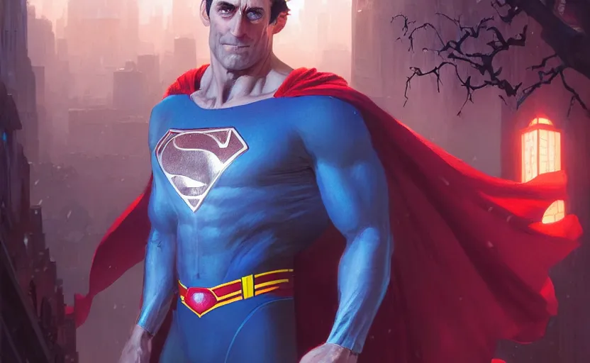 Prompt: highly detailed portrait of john hamm as superman, in dc comics, stephen bliss, unreal engine, fantasy art by greg rutkowski, loish, rhads, ferdinand knab, makoto shinkai and lois van baarle, ilya kuvshinov, rossdraws, tom bagshaw, global illumination, radiant light, detailed and intricate environment