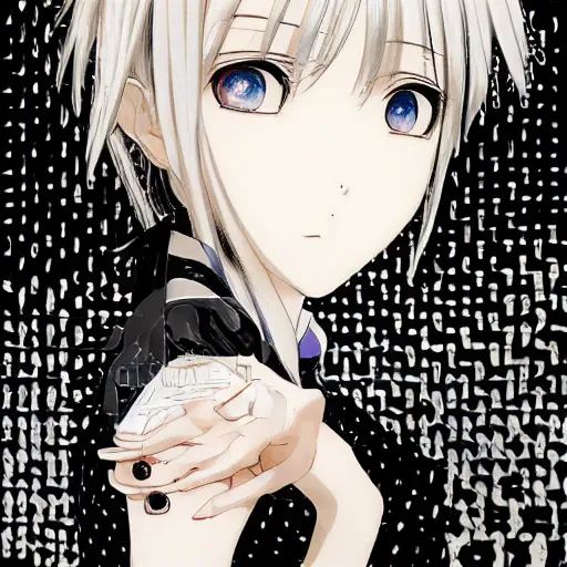 Prompt: realistic illustration of an anime girl with short white hair and black eyes wearing tuxedo in the style of yoshitaka amano, floral black and white patterns on the background, noisy film grain effect, highly detailed, Renaissance oil painting