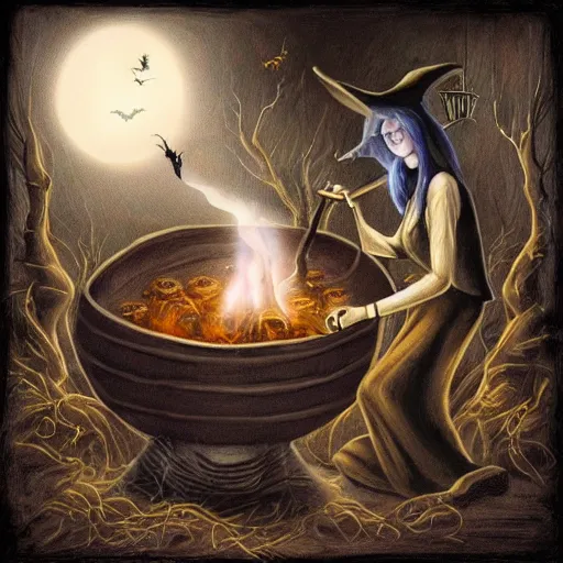 Prompt: witches around a cauldron, spooky, dark, halloween, highly detailed, high resolution