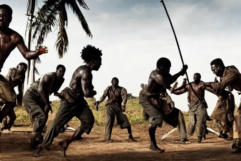 Image similar to film still of the best fight scene from the new pacific movie, set in nairobi