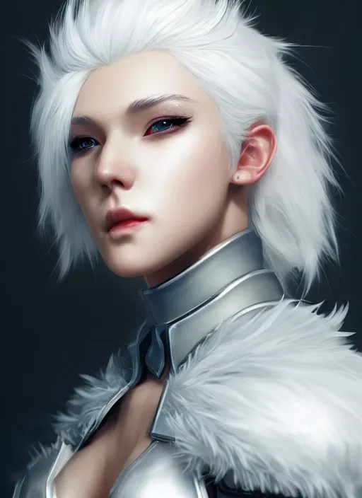 Image similar to fur - lined armor!!! beautiful and elegant white haired female!! gorgeous ayes!! character concept art, sharp focus, octane render! unreal engine 5! highly rendered!! trending on artstation!! detailed linework!! illustration by artgerm, wlop and sakimichan