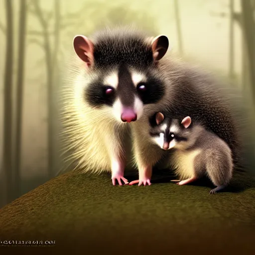 Image similar to an opossum and an american raccoon hugging, cute photograph, 4k wallpaper, unreal engine, artstation