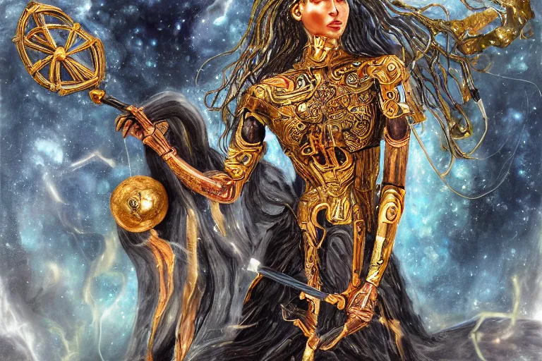 Prompt: Goddess of life itself with a scythe, dark Goddess of artificial intelligence creating an artificial neural network with gold synapses on an anvil with his scythe, high resolution, award winning art, trending on art station, sharp image, incredibly detailed, detailed character, realistic painting, hyper-realistic painting, coherent painting, master piece by tzacotl avocatl