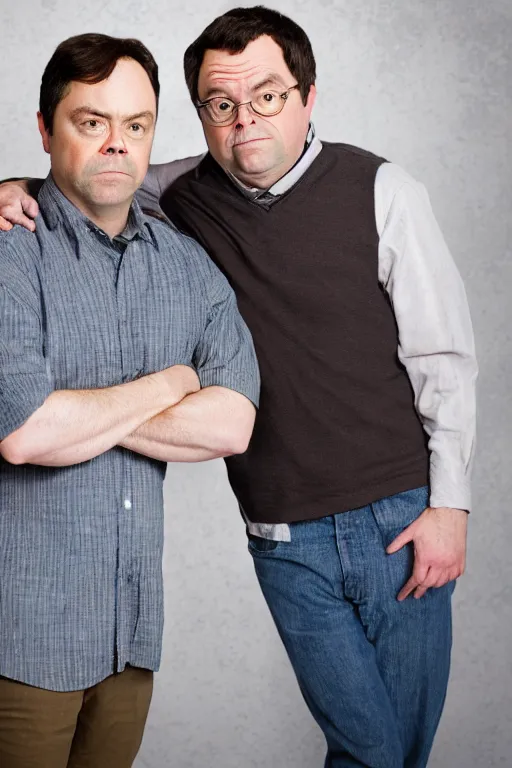 Image similar to portrait photo of dwight schrute and joe lo truglio, close up, high quality, studio lighting, sigma 8 5 mm f / 1. 4