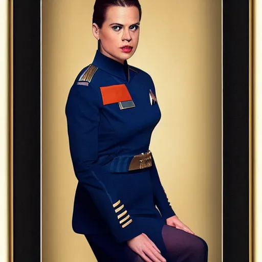 Image similar to a beautiful full body photograph of younger hayley atwell as a star fleet officer from star trek next generation, full dress uniform, smaller lips, symmetrical face, extreme realism and detail, 8 k, completely framed, direct lighting, 3 5 mm photo, photorealistic, sharp focus