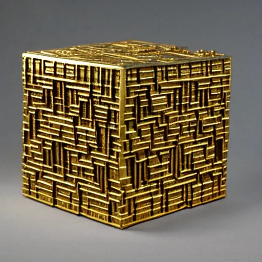 Image similar to hyper detailed sculpture out of carved golden metal cubes,