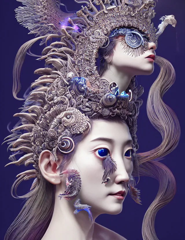 Image similar to 3 d goddess close - up profile portrait with crown, ram skull. beautiful intricately detailed japanese crow kitsune mask and clasical japanese kimono. betta fish, jellyfish phoenix, bio luminescent, plasma, ice, water, wind, creature, artwork by tooth wu and wlop and beeple and greg rutkowski