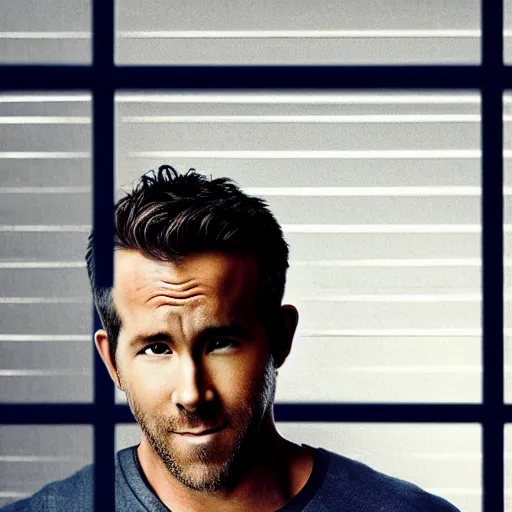 Image similar to photo of Ryan Reynolds in jail, looking sad, highly detailed, high quality, HD, 4k, 8k, Canon 300mm, professional photographer, 40mp, lifelike, top-rated, award winning, realistic, sharp, no blur, edited, corrected, trending