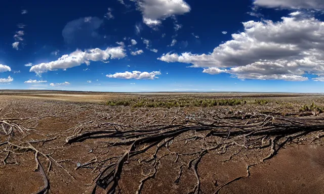 Image similar to panorama of big raindrops flying upwards into the perfect cloudless blue sky from a dried up river in a desolate land, dead trees, blue sky, hot and sunny highly-detailed, elegant, dramatic lighting, artstation, 4k, cinematic landscape, photograph by National Geographic