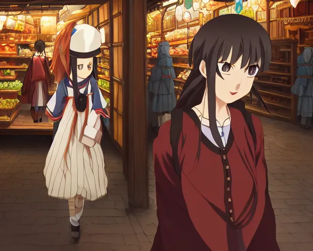 Image similar to anime visual, portrait of a young female traveler in an open medieval market shopping, cute face by katsura masakazu, yoh yoshinari, cinematic luts, cold studio lighting, dynamic pose, dynamic perspective, strong silhouette, anime cels, murata range, cel shaded, rounded eyes