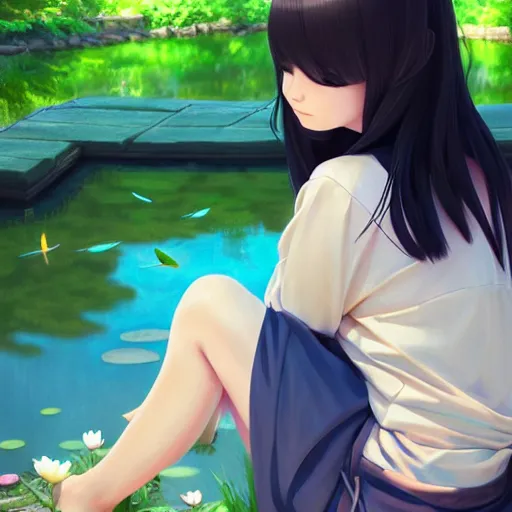 Image similar to a beautiful girl with long dark hair, sitting by a pond, japanese garden, daytime, sharp focus, intricate, digital painting, artstation, official media, anime key visual, highly detailed, rich vivid colors, ambient lighting, illustration, art by Artgerm, Makoto Shinkai, Ilya Kuvshinov, Lois Van Baarle, and Rossdraws