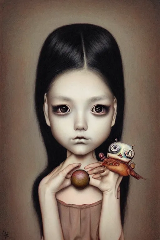 Image similar to pop surrealism, lowbrow art, big eyed realistic cute girl painting, japanese cute fashion, hyper realism, muted colors, trevor brown, mark ryden style