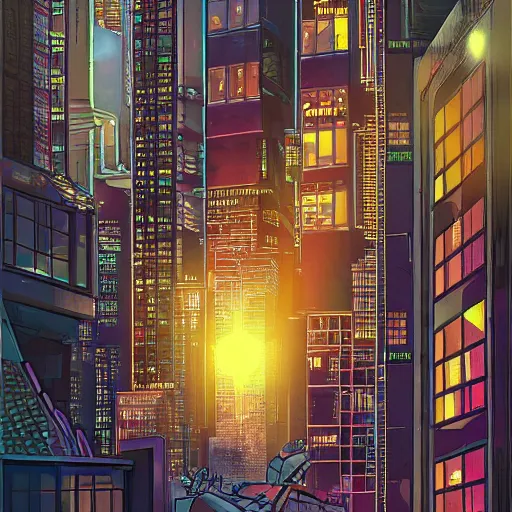 Prompt: cybercat in window | cyberpunk cityscape by james warhola