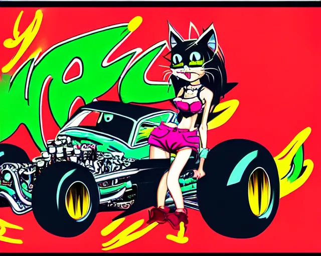 Prompt: high - quality anime catgirl in rat fink style by ed roth, crazy bulging eyes janky teeth riding in a hot rod, road rage, inspired by rat fink hot rods and 8 0 s bishoujo anime, vhs filter