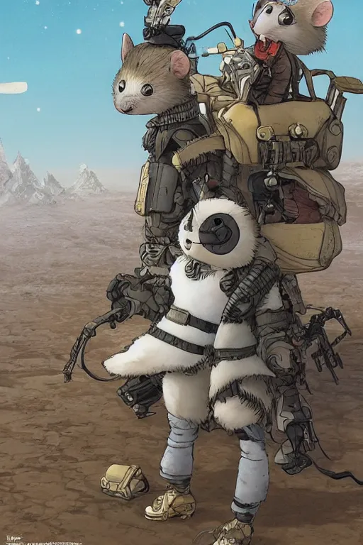 Image similar to anthropomorphic rodent with white and black ancestral ornate japanese tactical gear on an abandonment desert planet, long shot, rule of thirds, golden ratio, graphic novel by fiona staples and dustin nguyen, by beaststars and orange, peter elson, alan bean, studio ghibli, makoto shinkai