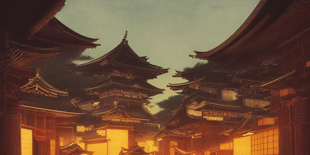 Image similar to feudal japan tokyo street at dusk, cinematic lighting!!, 4k, trending on artstation, intricate illustration, fast sketch!!!!, rough, ultra detailed, art by albert bierstadt