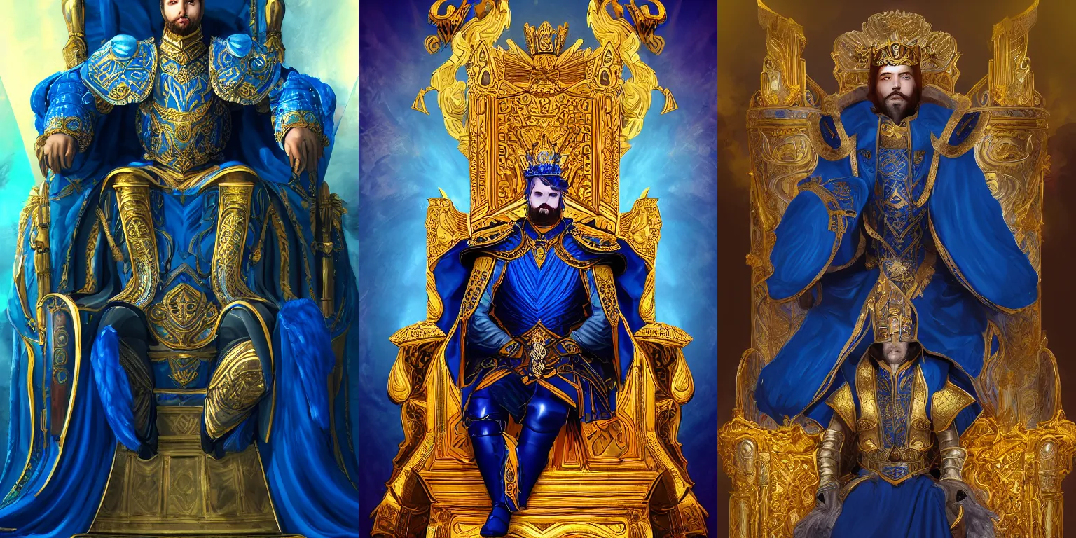 Prompt: Half-length portrait of an emperor sitting on its throne. Blue clothing, gold heavy armor. Dramatic, bloom, shadows. High fantasy, digital art, HD, 4k, detailed, illustration.