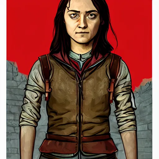 Image similar to Portrait of arya stark next to hello kitty in the style of Disco Elysium, digital drawing by Pavlo Guba, strong red hue