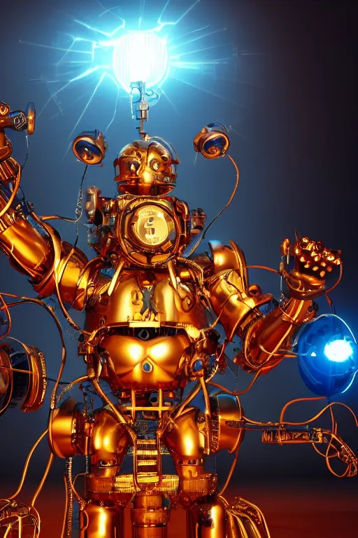 Image similar to portrait photo of a giant huge golden and blue metal humanoid female steampunk robot singer with headphones and gears and tubes, in the foreground is a big red glowing microphone on a tripod, eyes are glowing red lightbulbs, shiny crisp finish, 3 d render, 8 k, insaneley detailed, fluorescent colors, background is multicolored lasershow