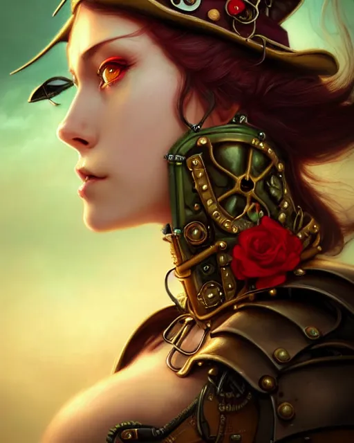 Image similar to a beautiful close up portrait 2D illustration of a young female steampunk pirate wearing leather armor on gold and red trimmings on green, by Charlie Bowater, tom bagshaw, Artgerm and Lois Van Baarle, beautiful anime face, very cool pose, pirate ship with an epic sky background, pondering face, smart look, cinematic anime lighting and composition, fantasy painting, very detailed, ornate, trending on artstation and pinterest, deviantart, google images