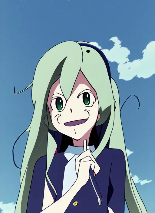 Image similar to Sucy from little witch academia, anime style, countryside, calm, fantasy character portrait, dark outlines, dynamic pose, above view, sunny day, artwork by Makoto Shinkai, very coherent asymmetrical artwork, sharp edges, perfect face, simple form, 100mm