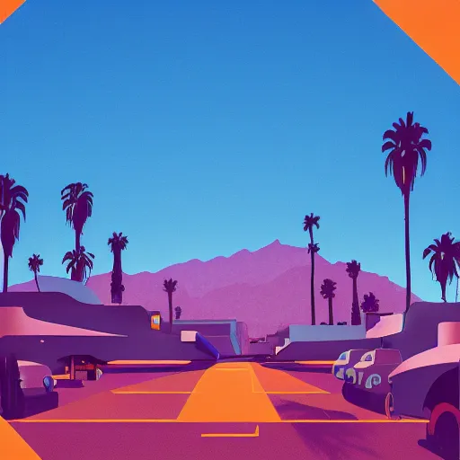 Image similar to a beautiful illustration of palm springs by James gilleard, color olive, color tangerine, artstation HD, geometric lines, HD, 4k, 8k