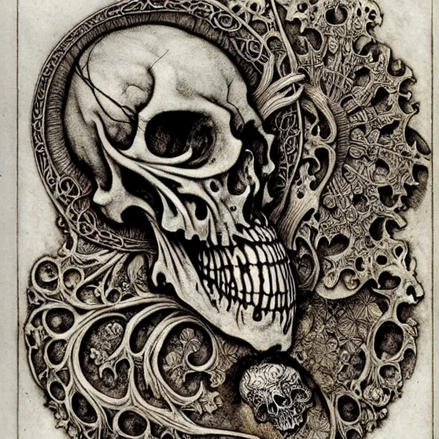 Image similar to memento mori by arthur rackham, art forms of nature by ernst haeckel, exquisitely detailed, art nouveau, gothic, ornately carved beautiful skull dominant, intricately carved antique bone, art nouveau botanicals, ornamental bone carvings, art forms of nature by ernst haeckel, horizontal symmetry, arthur rackham, ernst haeckel, symbolist, visionary