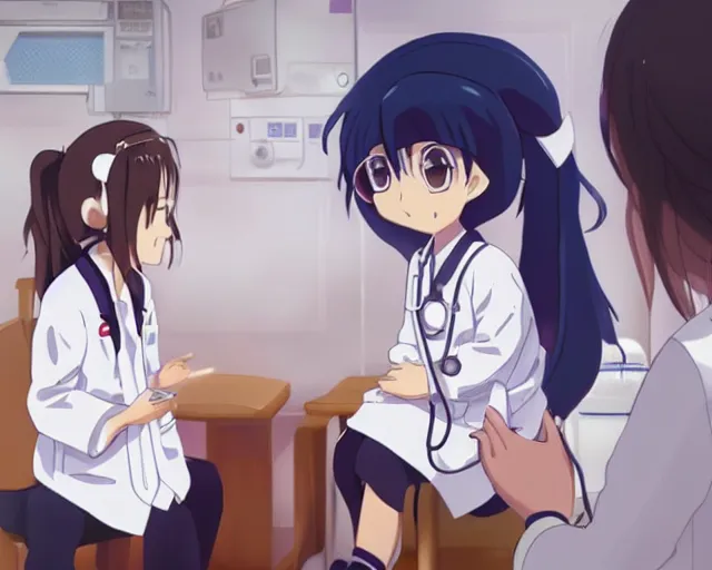 Image similar to a cute young female doctor wearing white coat are talking to a little girl in a hospital, slice of life anime, vivid, anime scenery by Makoto shinkai