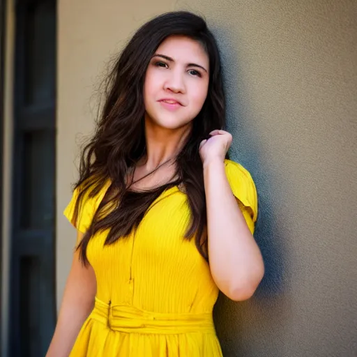 Image similar to close up portrait of a beautiful, attractive brown hair woman, wearing a yellow sundress, in downtown Los Angeles