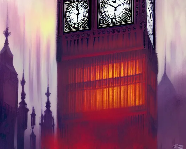 Image similar to big ben london, deep focus, d & d, fantasy, intricate, elegant, highly detailed, digital painting, artstation, concept art, matte, sharp focus, illustration, hearthstone, art by artgerm and greg rutkowski and alphonse mucha