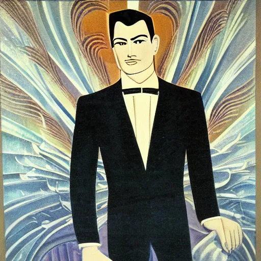 Image similar to a beautiful art deco wall mural of a handsome man, symmetrical, elegant