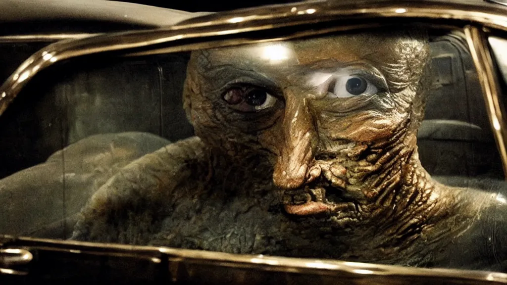 Image similar to the creature sits in a car, made of wax and metal, film still from the movie directed by Denis Villeneuve and David Cronenberg with art direction by Salvador Dalí, wide lens
