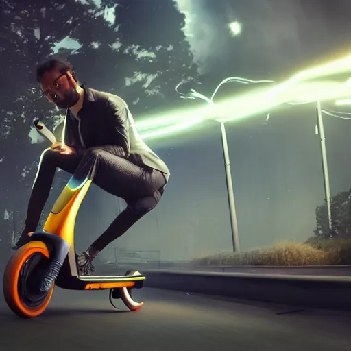 Image similar to Immanuel Kant rides an electric scooter , dramatic lighting, CGsociety, hypermaximalist, golden ratio, environmental key art, octane render, weta digital, micro details, 3d sculpture, structure, ray trace 8k