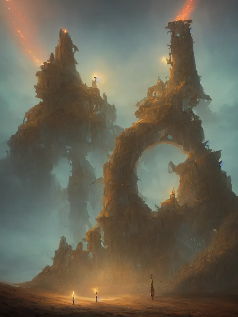 Image similar to a fantasy tower in a dune sea filled with ruins by Peter Mohrbacher, blue fireball, moody lighting, tarot card