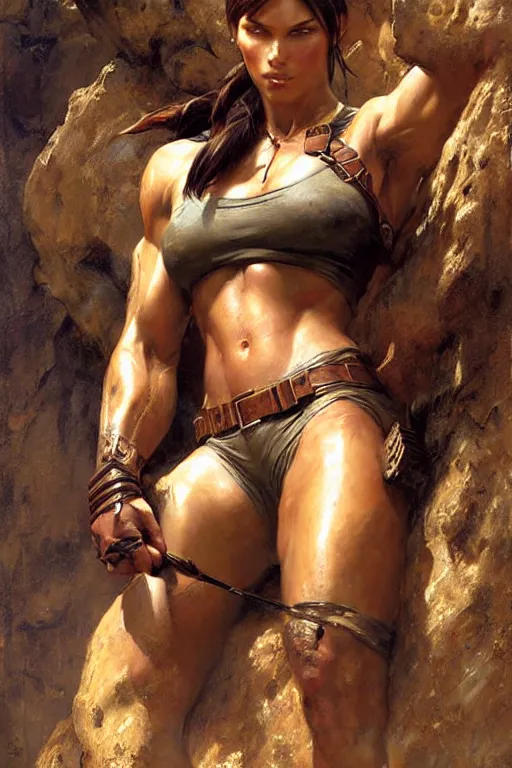 Prompt: muscular lara croft, highly detailed painting by gaston bussiere, craig mullins, j. c. leyendecker 8 k