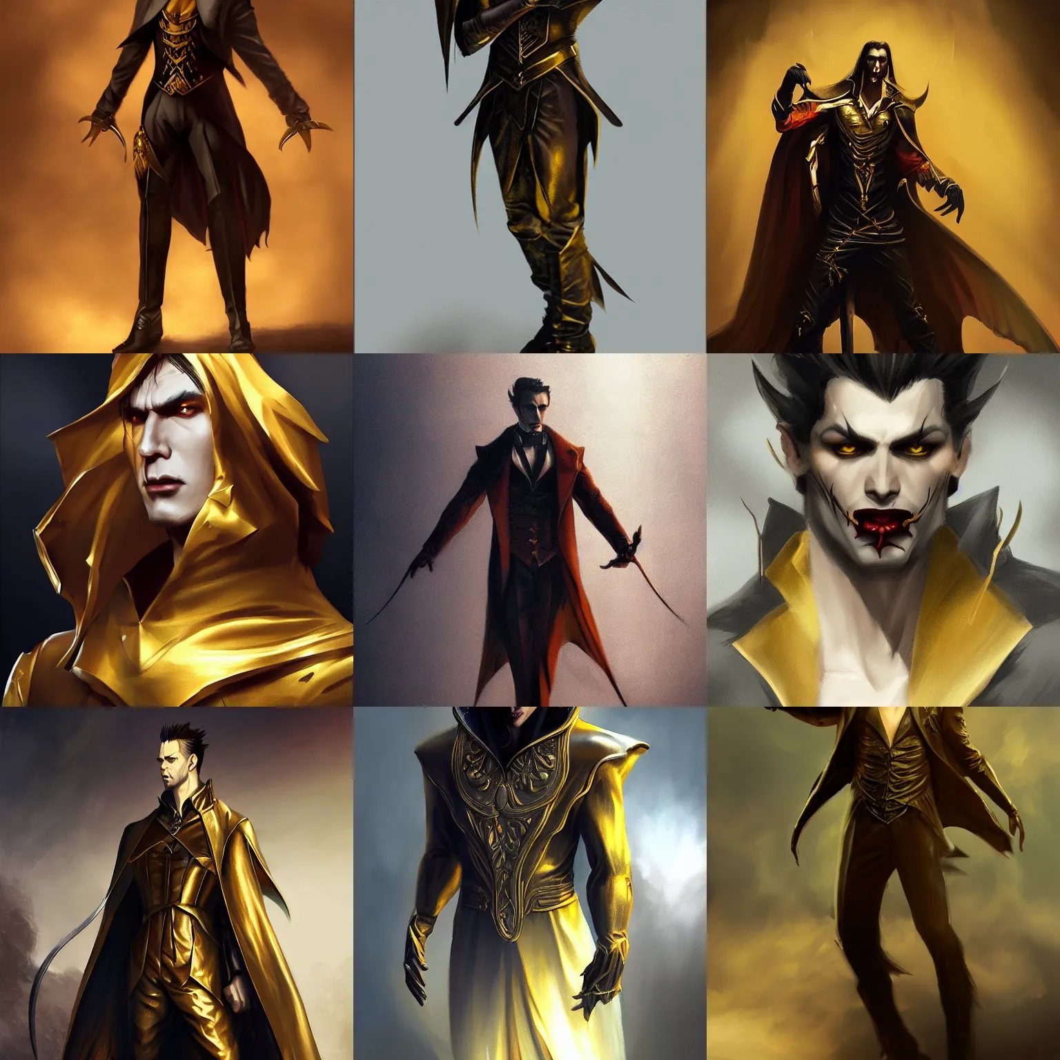 Prompt: male vampire in dark golden noble clothes in a dramatic pose, realistic painting, artstation, cinematic, dramatic lighting