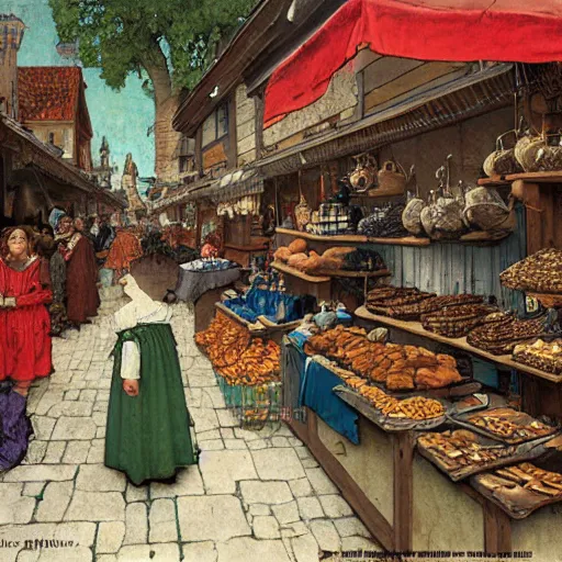 Prompt: a mockup of a medieval street market, art by Norman Rockwell