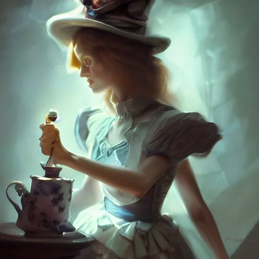 Prompt: closeup of alice in wonderland, dramatic lighting, chiaroscuro, high detail, painted by greg rutkowski, painted by igor kieryluk, painted by raymond swanland, trending on artstation