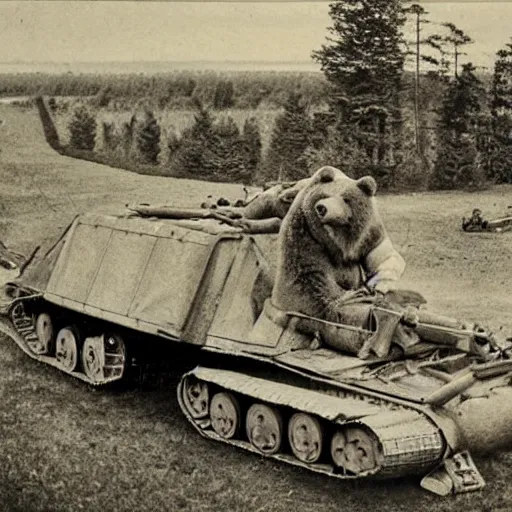 Image similar to a picture of a enormous bear pulling a towed artillery piece behind him, towed artillery piece is tied to the enormous bear, eastern front, historical picture