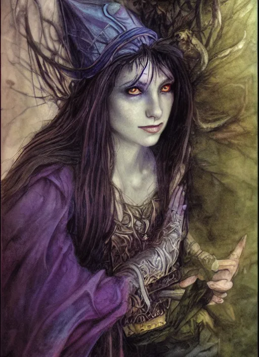 Image similar to portrait of young female sorceress of doom, beautiful! coherent! dungeons and dragons character, by brian froud, strong line, night color, high contrast