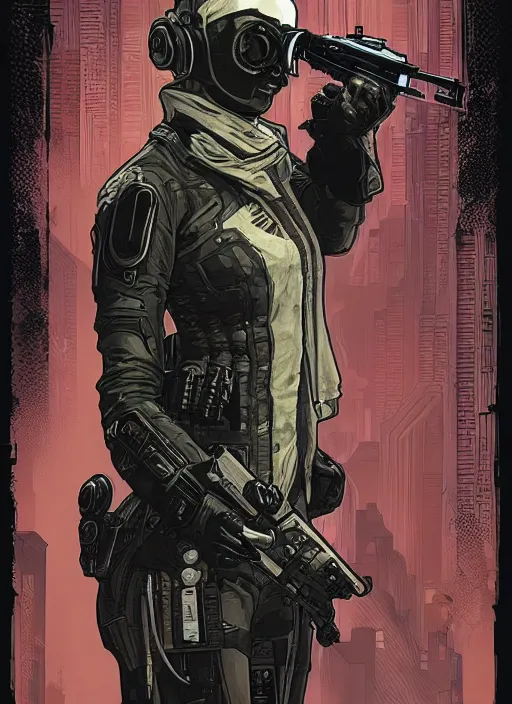 Image similar to cyberpunk blackops spy. night vision. selina igwe. portrait by ashley wood and alphonse mucha and laurie greasley and josan gonzalez and james gurney. spliner cell, apex legends, rb 6 s, hl 2, d & d, cyberpunk 2 0 7 7. realistic face. dystopian setting.