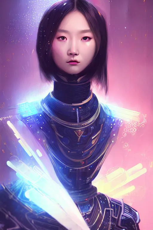 Image similar to portrait futuristic wuxia armor heroine Girl with thunder and fire sparkles and starlight, n future cyberpunk tokyo flowers sea rainning rooftop , ssci-fi, fantasy, intricate, very very beautiful, elegant, human structure, neon light, highly detailed, digital painting, artstation, concept art, smooth, sharp focus, illustration, art by tian zi and WLOP and alphonse mucha