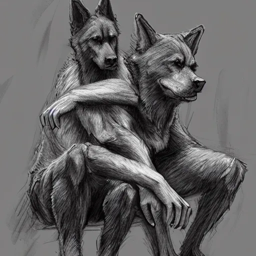 Image similar to two humanoid german shepherds beast - men, sitting on a couch and hugging together, artstation, concept art, smooth, sharp foccus ilustration, artstation